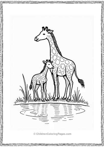 Mother Giraffe And Calf At The Pond Free PDF Printable