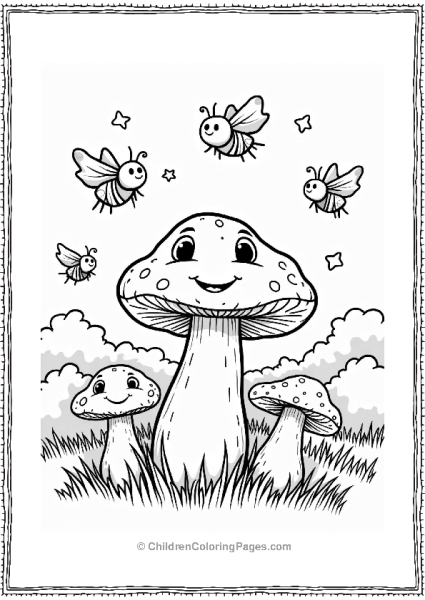 Smiling Button Mushroom With Fireflies Free PDF Printable