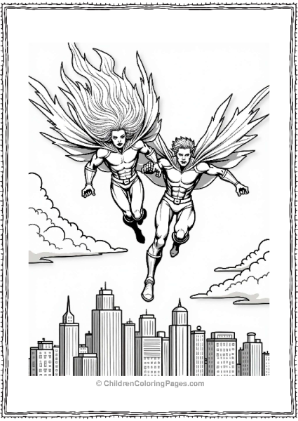 X Men Characters Storm And Cyclops Flying Over City Free PDF Printable