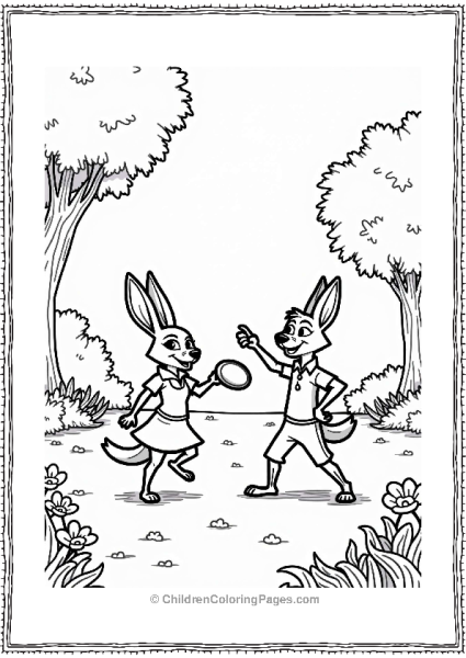 Zootopia Judy Hopps And Nick Wilde Playing Frisbee In The Park Free PDF Printable