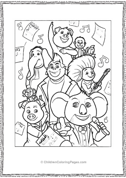Buster Moon With Rosita Mike Ash Johnny Meena Gunter And Eddie From Sing Free PDF Printable