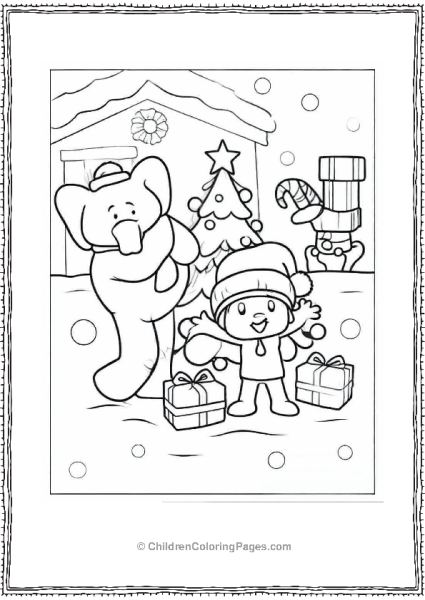 Coloring Page Of Pocoyo Elly And Pato On Christmas Day Free PDF Printable