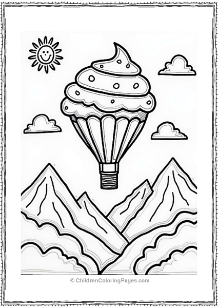 Cupcake Hot Air Balloon Over Mountains Free PDF Printable