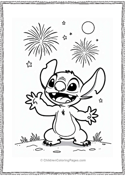 Disney Stitch Enjoying Fireworks In The Night Sky Free PDF Printable