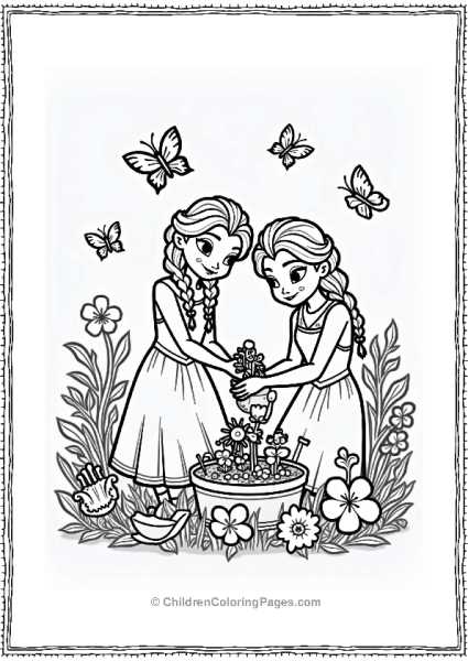 Elsa And Anna Planting Flowers In The Garden Free PDF Printable