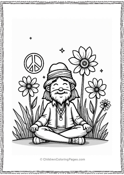 Hippie Surrounded By Flowers And Peace Signs Free PDF Printable