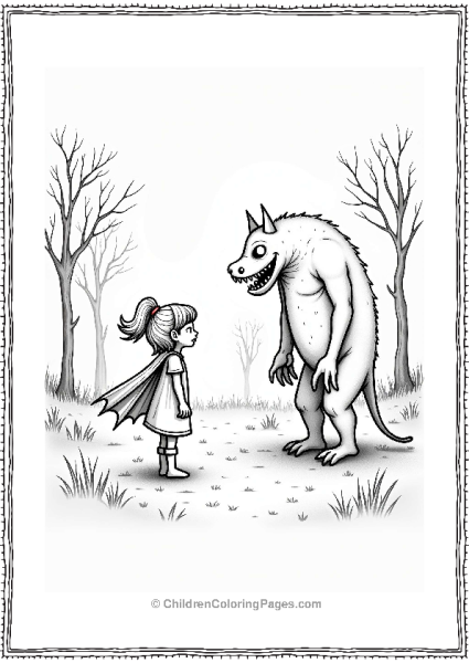 Horror Theme Brave Girl And Friendly Monster In Foggy Park Free PDF Printable