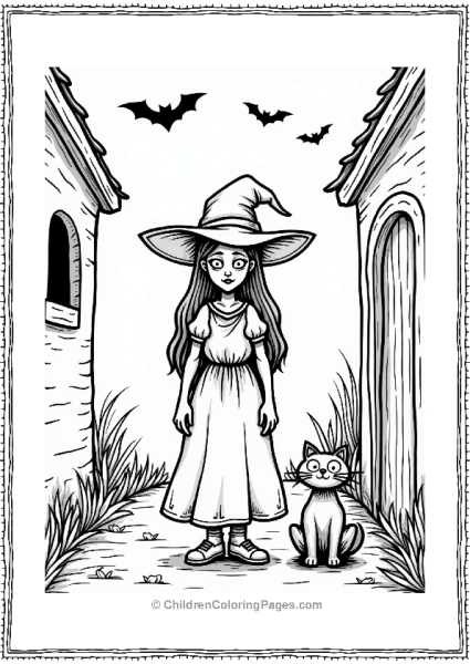 Horror Theme Spooky Witch And Black Cat In Dark Alley Free PDF Printable