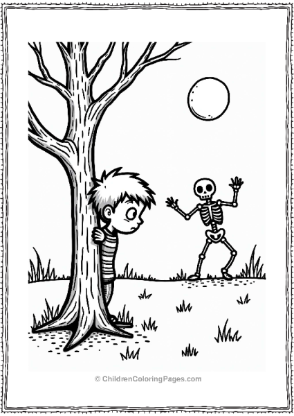 Horror Theme Startled Child And Dancing Skeleton In Moonlight Free PDF Printable