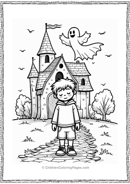 Horror Theme Timid Boy In Front Of Spooky Castle Free PDF Printable