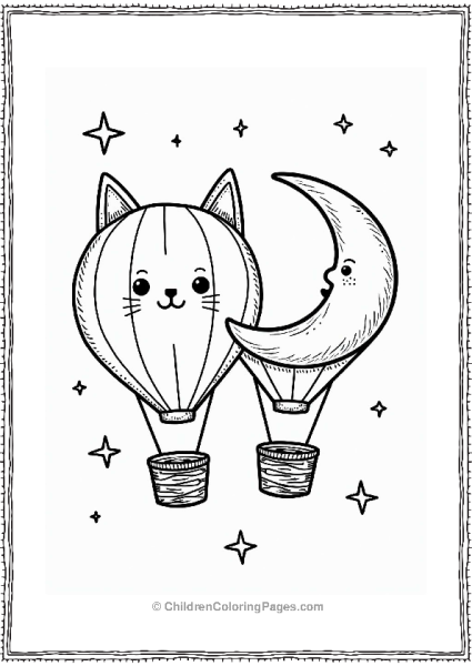Hot Air Balloons Cat And Moon In A Starry Sky Free PDF Printable