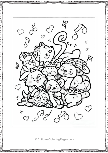 Kawaii Smiling Critters On Top Of Each Other Coloring Sheet Free PDF Printable