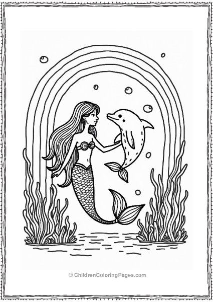 Mermaid And Dolphin Dance Under Rainbow Free PDF Printable