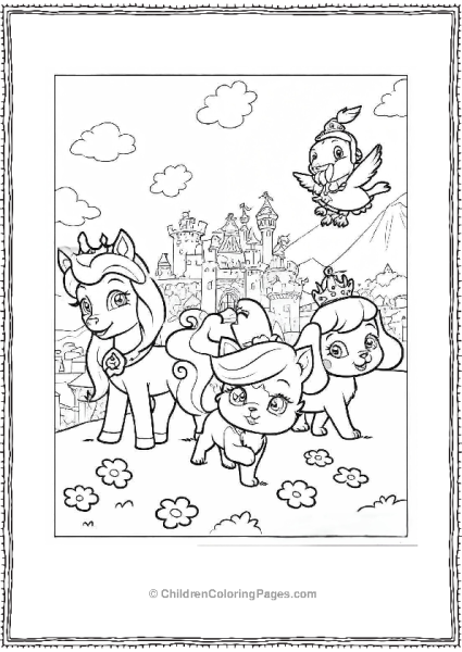 Palace Pets Treasure Petite Pumpkin And Ms Featherbon In Front Of Castle Free PDF Printable