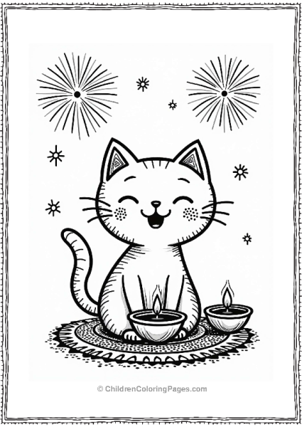 Persian Cat Celebrating Diwali With Diyas And Fireworks Free PDF Printable