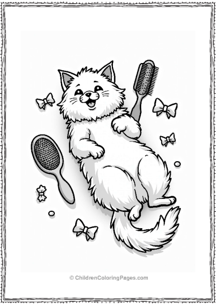 Playful Persian Cat With Grooming Brushes Free PDF Printable