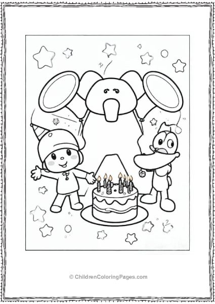 Pocoyo Elly And Pato Around A Birthday Cake Coloring Page Free PDF Printable