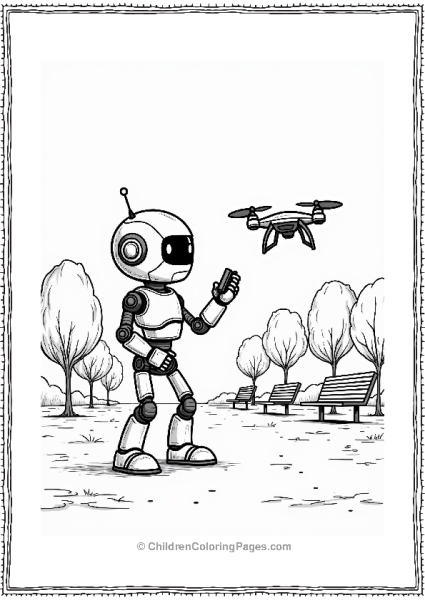 Robot Playing With A Drone In A Park Free PDF Printable
