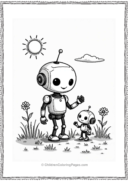 Robot Playing With Pet Robot In A Grassy Field Free PDF Printable