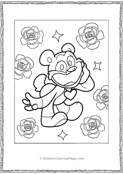 Smiling Critters BearHug With Rose Background Coloring Sheet Free PDF Printable